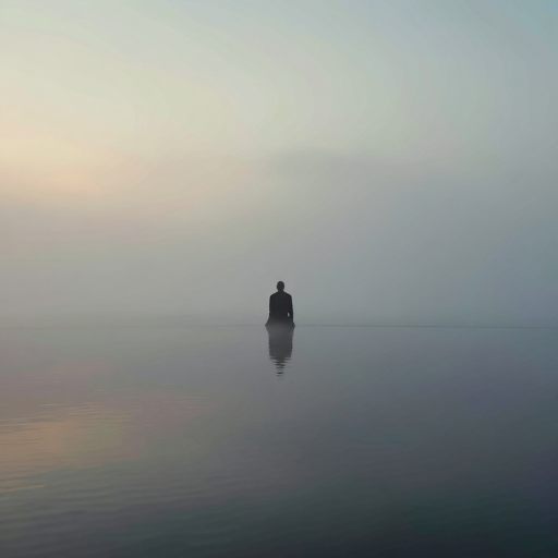 A solitary figure suspended in a field of motionless mist, symbolizing emotional inertia.