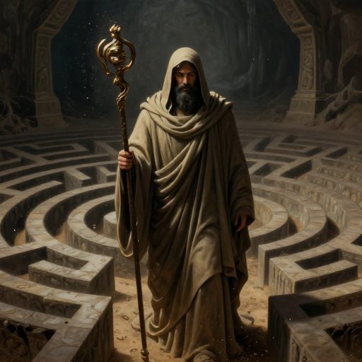 A solitary, robed mentor figure stands at a precipice, bathed in chiaroscuro light, symbolizing internalized duty and wisdom.
