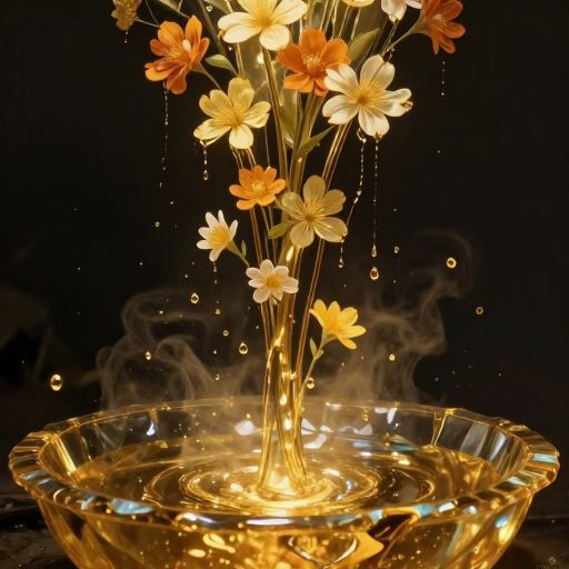 Overflowing golden liquid in a crystalline basin.