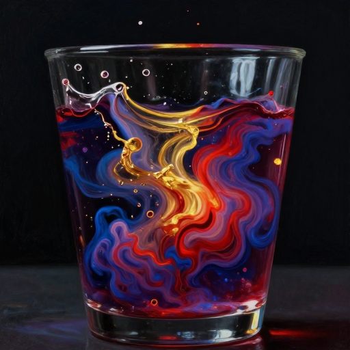 A pressurized nebula of color overflows a glass vessel, symbolizing a sudden emotional burst.