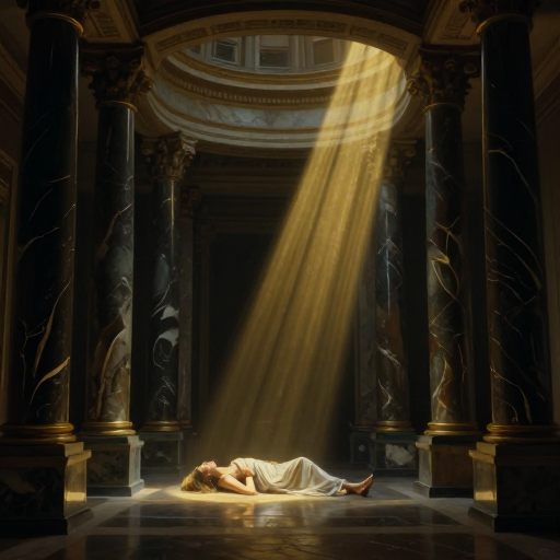 A fragile figure constrained by heavy, abstract architectural shadows.