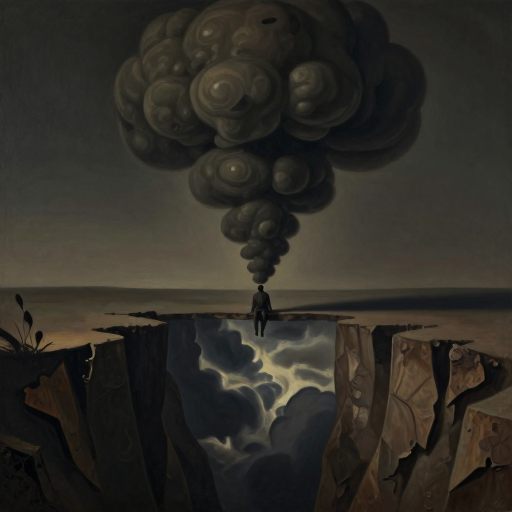 A solitary figure weighed down by a massive, shadowy presence in a psychological landscape.
