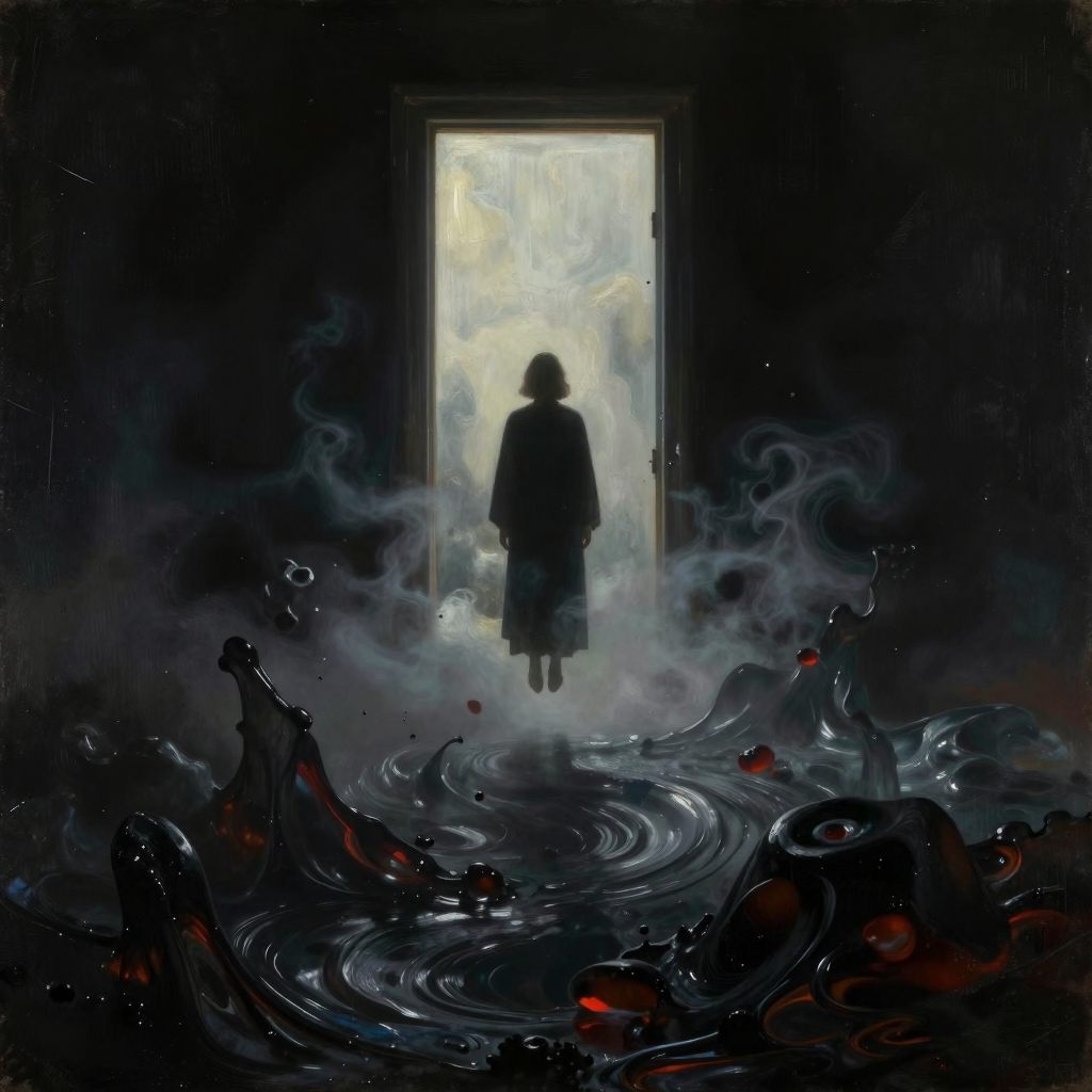 A solitary figure stands at a threshold of swirling elemental pressures.