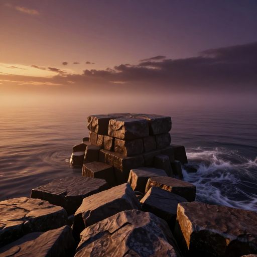 A massive stone threshold at sunset.