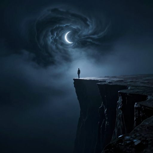 A lone figure stands at the precipice of a vast, unknowable chasm.