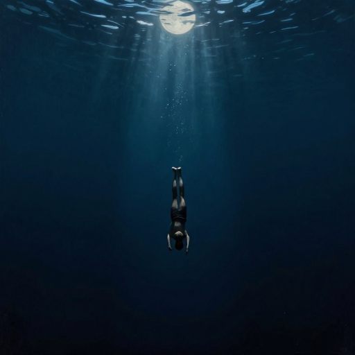 A solitary figure descends into a vast, still ocean abyss.