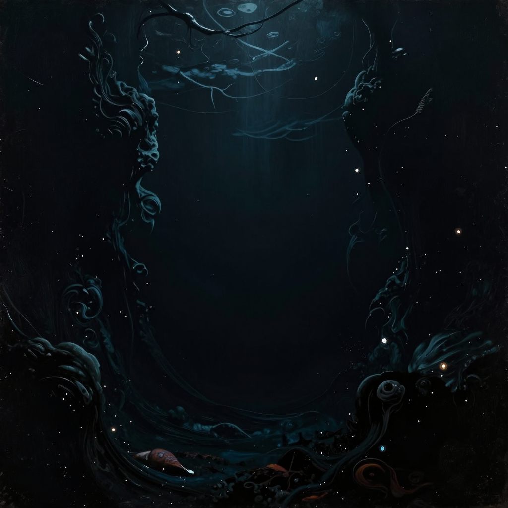 A descent into a vast, pressurized ocean abyss, illuminated by faint bioluminescence, representing the deep unconscious.