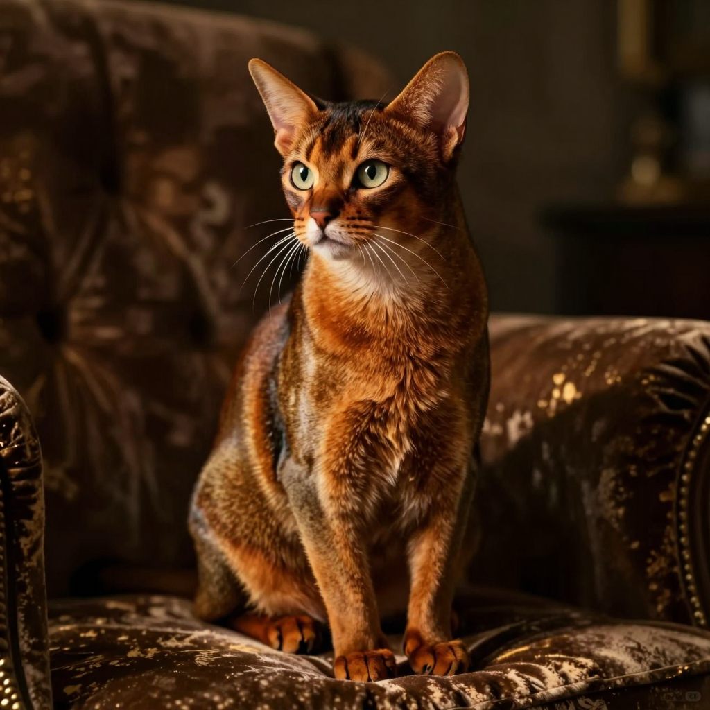 A poised Abyssinian cat in dramatic light.