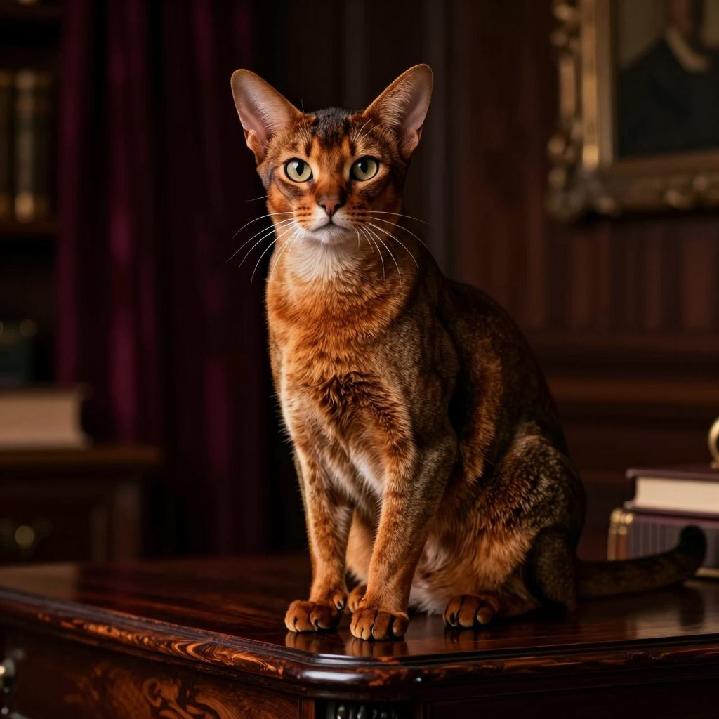 A sleek Abyssinian cat observes from a velvet perch, embodying focused intensity.