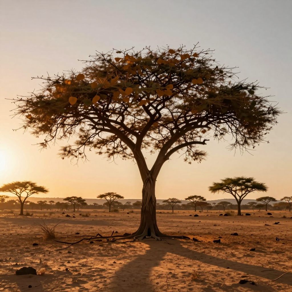 A solitary Acacia plant enduring in arid landscape.