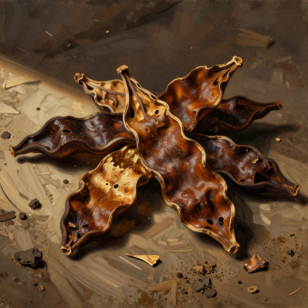 Aged tannic pods arranged in silent contemplation.