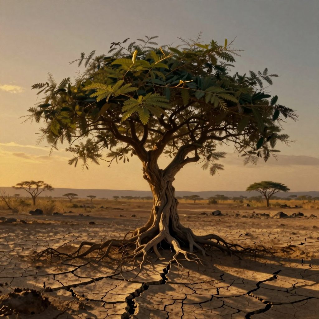 A solitary Acacia Farnesiana thrives in dramatic, windswept isolation.