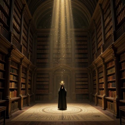 A solitary figure stands in a vast, echoing chamber of knowledge, weighed down by pursuit.