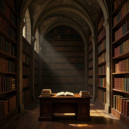 A vast, silent academic hall under a shaft of light, symbolizing the pressure of intellectual testing.