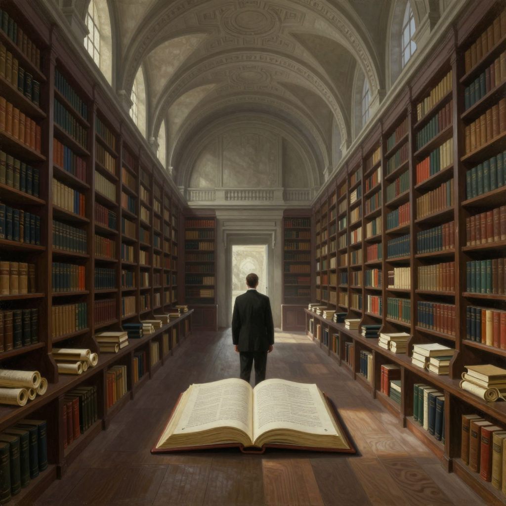 A solitary figure stands within a colossal, neoclassical archive, dwarfed by towering shelves of bound tomes, symbolizing the overwhelming weight of structured systems and judgment.