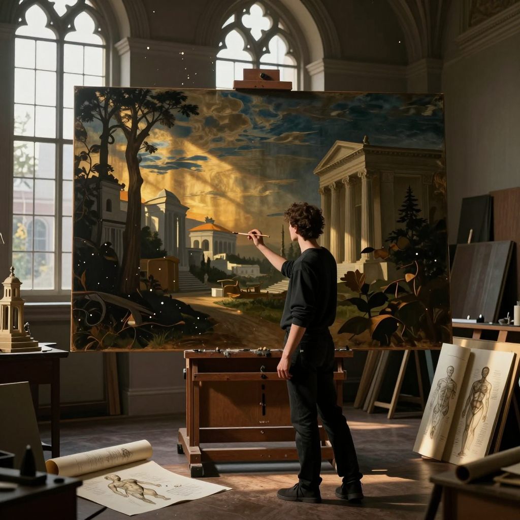 A solitary figure works on a massive, complex canvas under the gaze of unseen expectation.