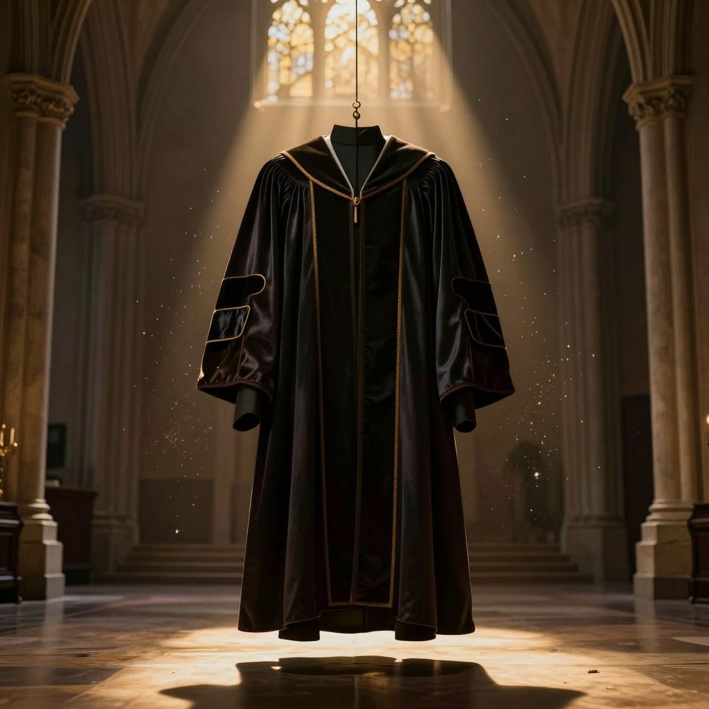 A voluminous, heavy academic gown hangs dramatically in a dimly lit, echoing hall, symbolizing the weight of a prescribed role.