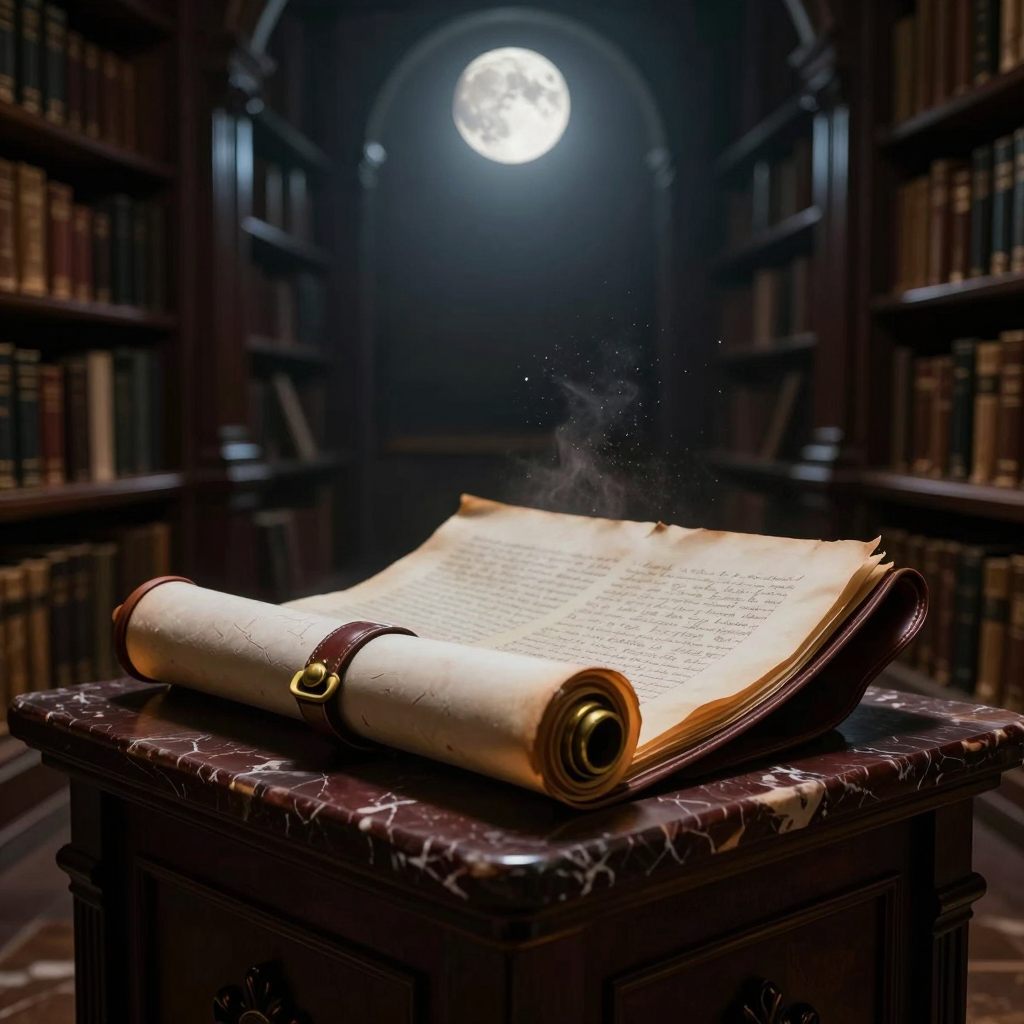 A polished, leather-bound academic scroll rests on a pedestal under a single shaft of dramatic moonlight, symbolizing achieved mastery.
