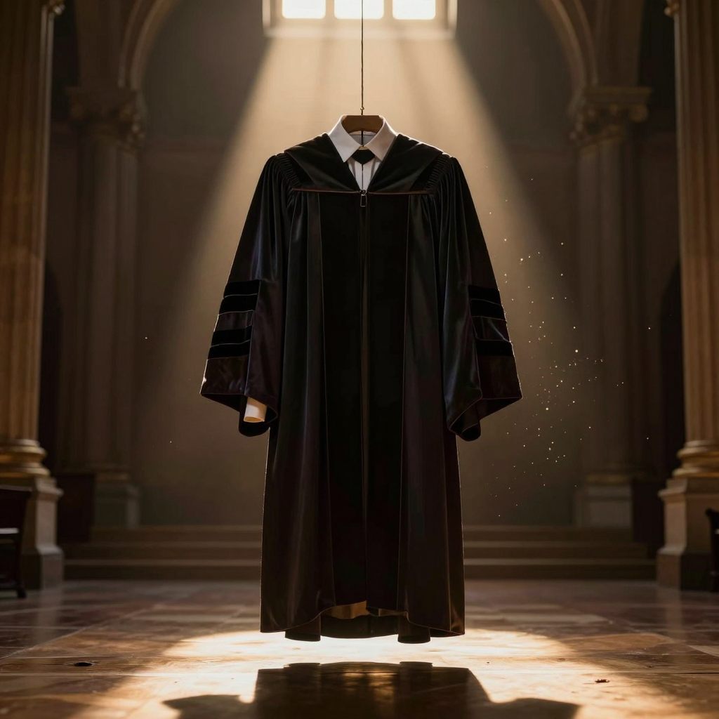 A heavy academic gown draped in a shaft of golden light, symbolizing the weight of achieved status.
