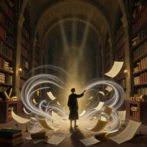A solitary figure stands in a vast, silent hall of knowledge, weighed down by luminous scrolls representing intellectual pressure.