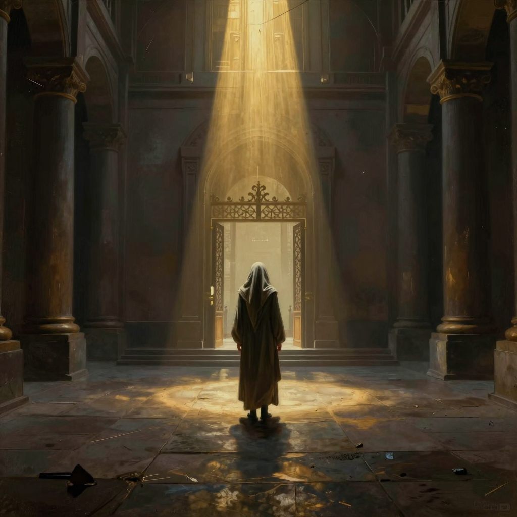 A solitary figure stands at the precipice of a vast, labyrinthine chamber, symbolizing the psychological threshold of a major life requirement.