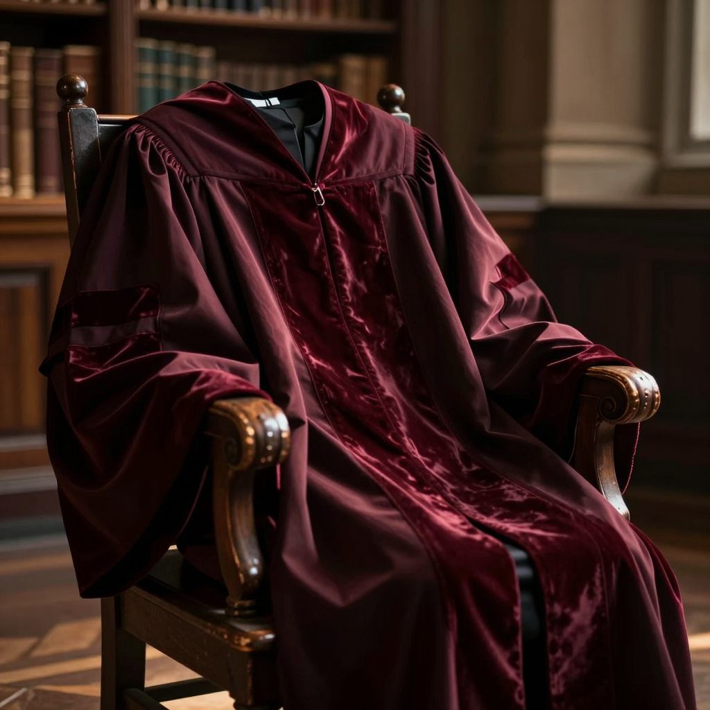 A heavy, flowing academic robe hangs in a shaft of golden light, symbolizing the weight of earned knowledge and transition.