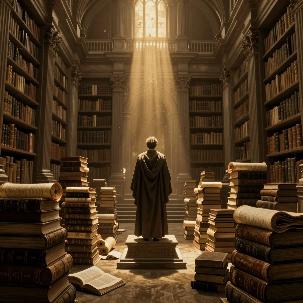 A lone figure stands before towering scrolls in a vast, echoing chamber, representing the pressure of intellectual testing.