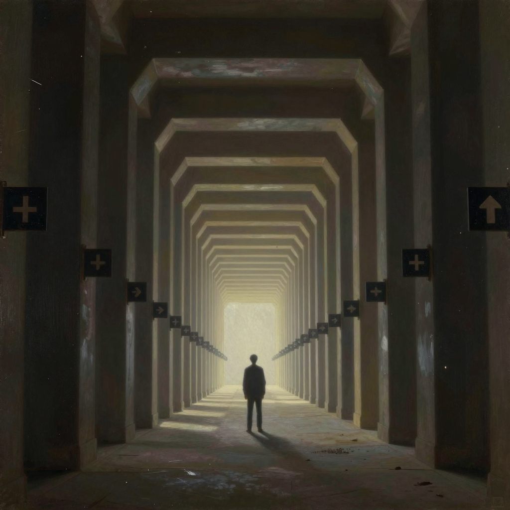 A lone figure stands at the threshold of a vast, winding corridor lined with milestones, symbolizing a demanding life phase.