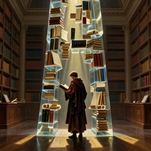 A figure confronts a crystalline structure of books in a neoclassical library, symbolizing intellectual rigor.