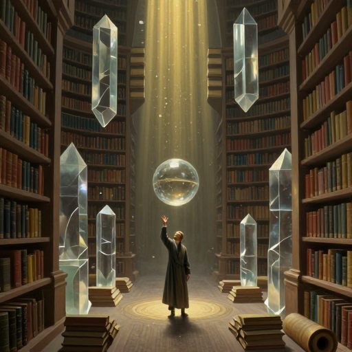 A solitary figure surrounded by an overwhelming, crystalline structure of knowledge.