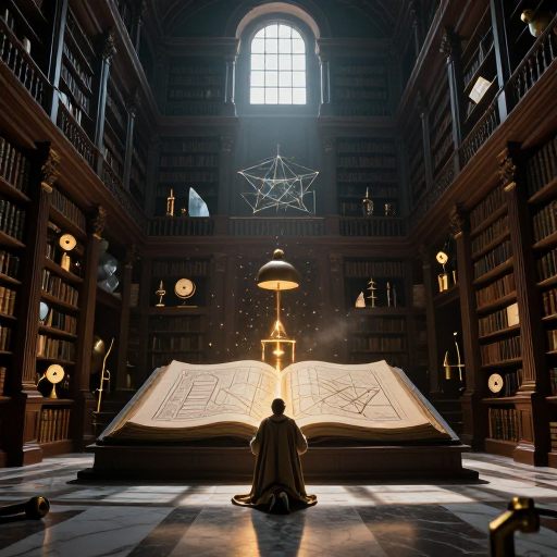 A solitary figure surrounded by towering, geometric forms of knowledge.