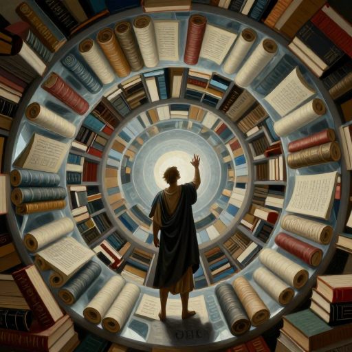 A solitary figure in a vast, geometric library, symbolizing the pursuit of intellectual mastery.