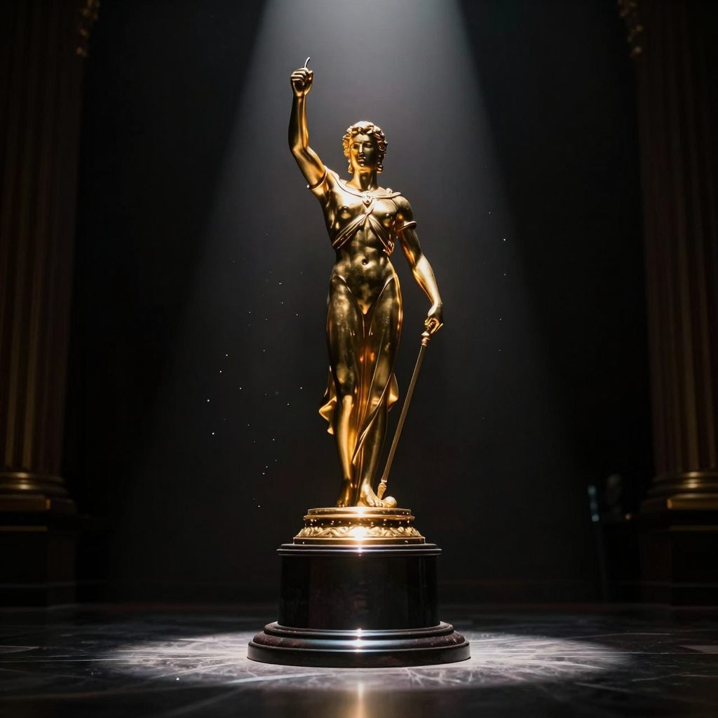 A solitary golden statue under intense scrutiny.