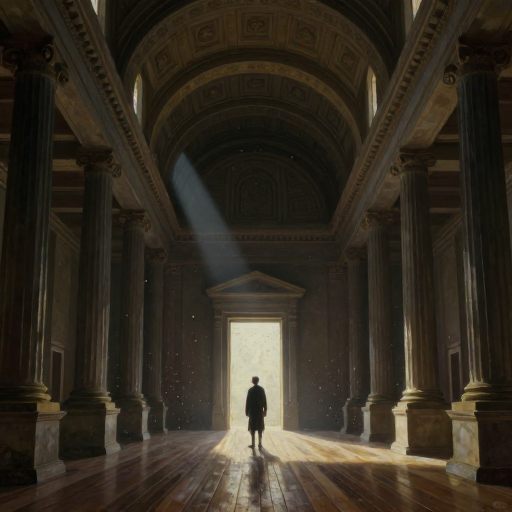 A lone figure walks through a vast, echoing hall of ancient knowledge.