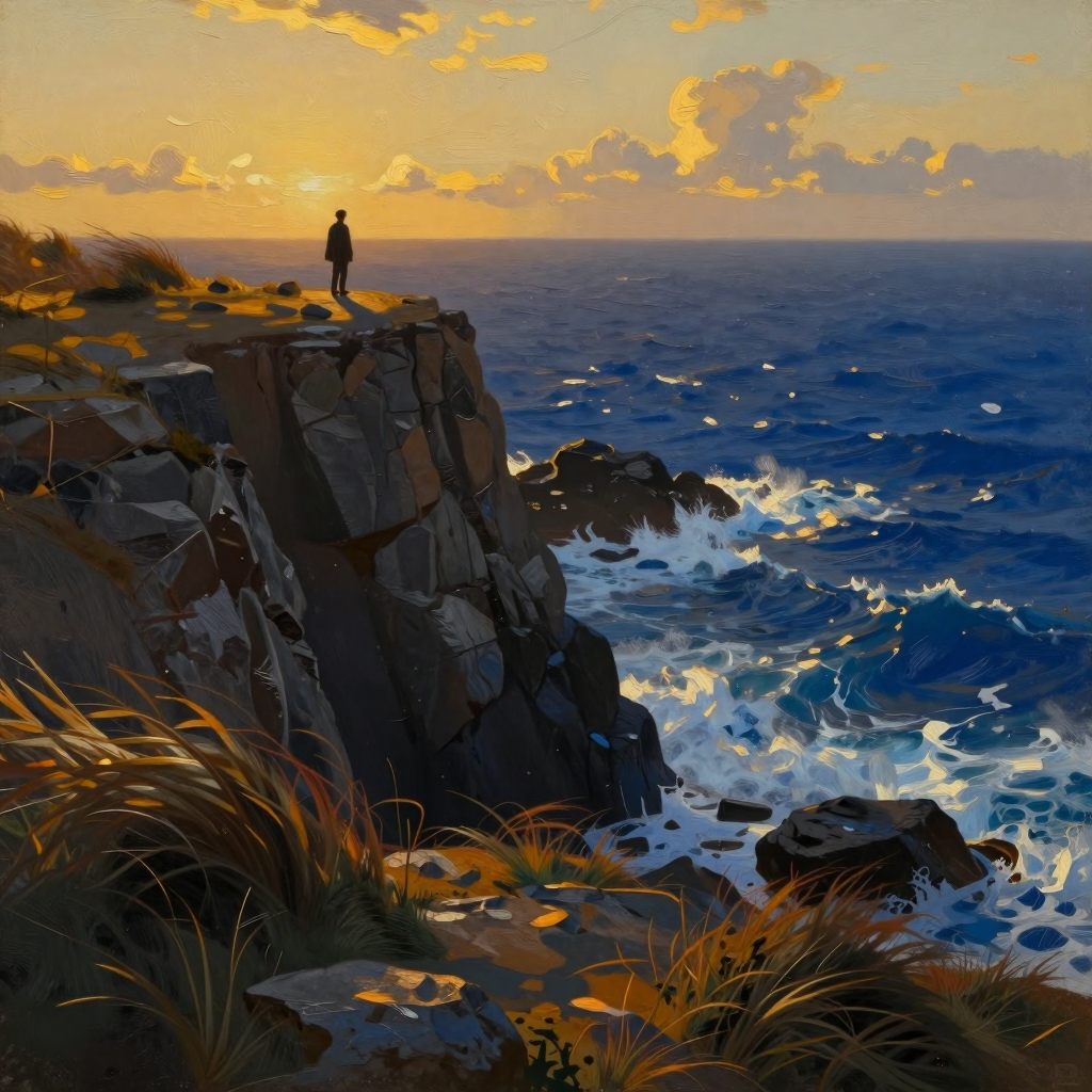 A solitary figure standing at the edge of a rugged coastline, symbolizing deep roots and endurance.