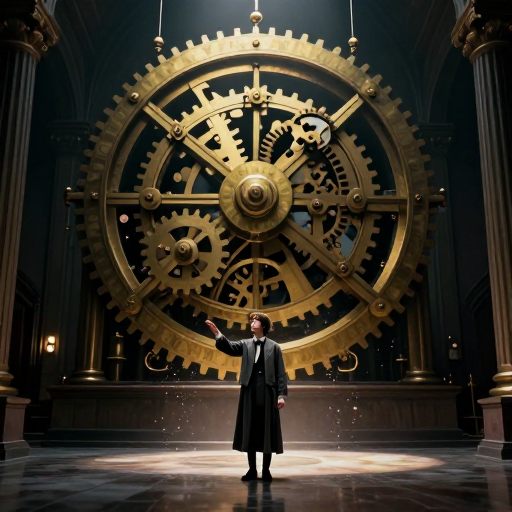 A figure overwhelmed by a vast, complex, yet stalled mechanical system.