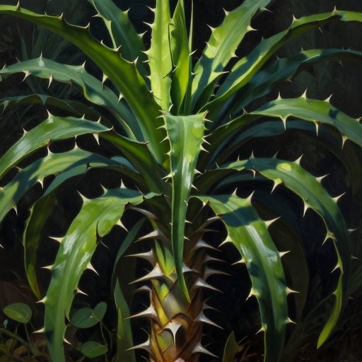 A close-up of a vibrant, thorny acanthus plant rendered in a dreamlike, high-contrast oil painting style.