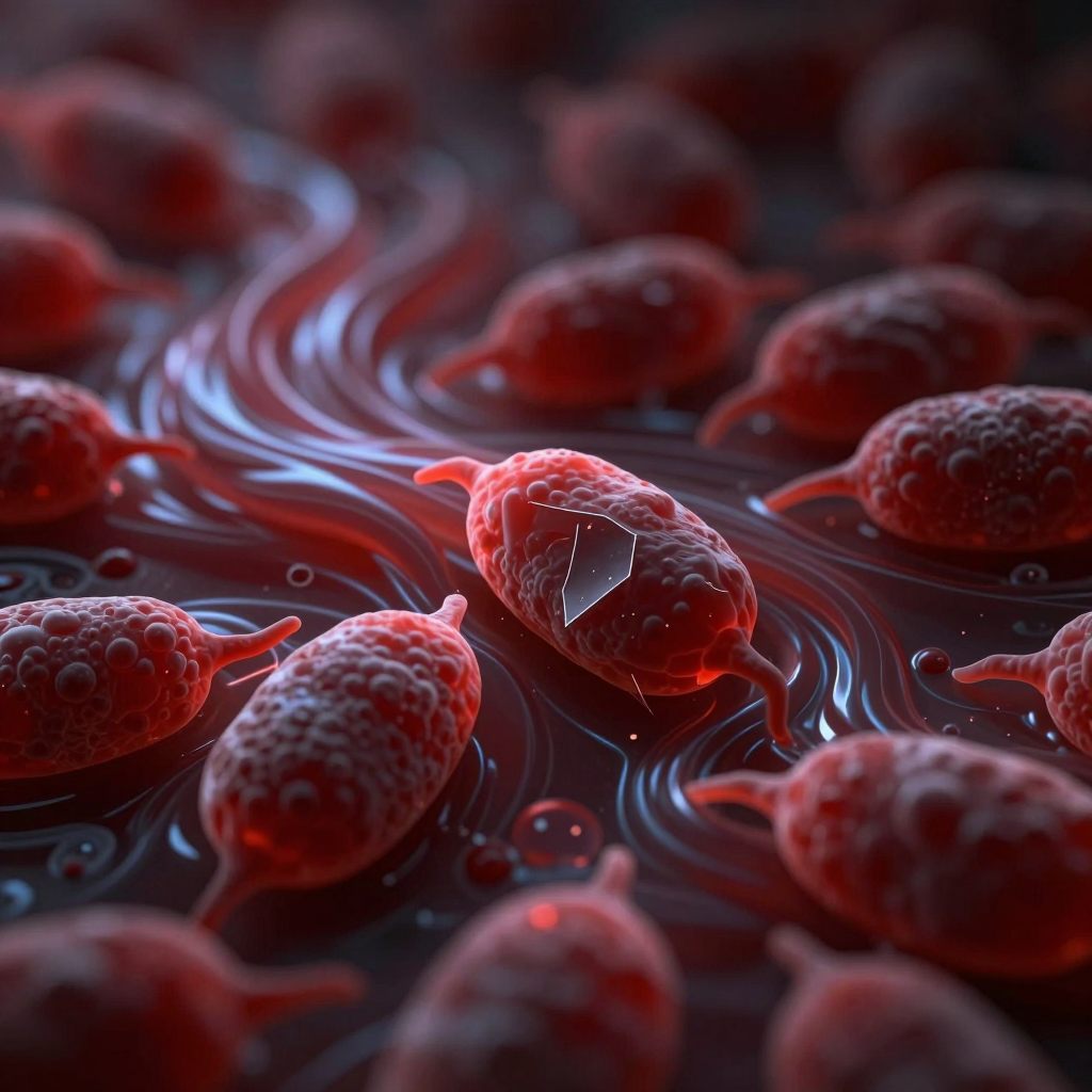 A microscopic journey through strained vital fluids, symbolizing chronic low-grade stress.