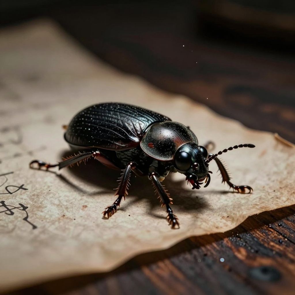 A magnified, obsidian insect crawling on a surface, symbolizing persistent intrusion.
