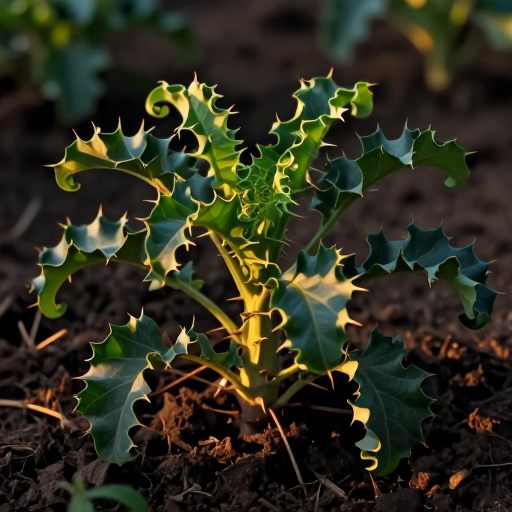 Acanthus leaves, sharp and vibrant, emerge from shadowed earth under dramatic light.