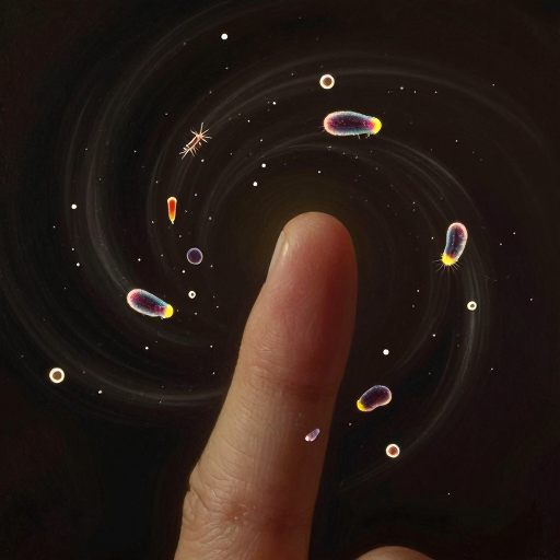 Macro view of a hand gently enveloped by luminous microscopic life.