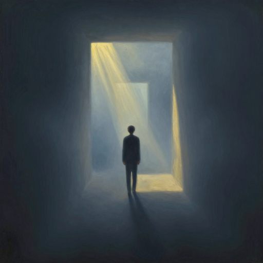 A figure suspended at a threshold of an unfinished journey.