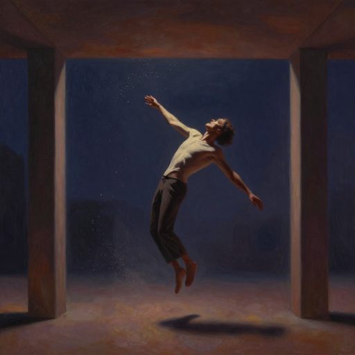 Restless figure poised in a liminal space