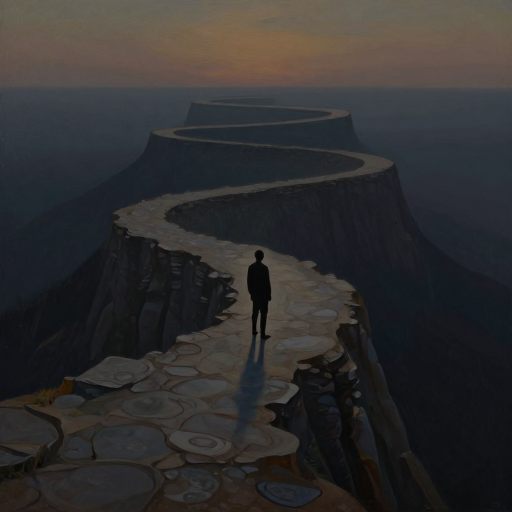 A solitary figure yields to an inevitable path.