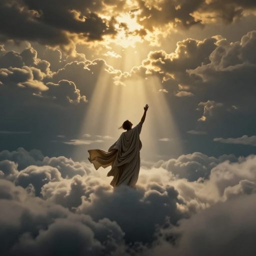 A solitary figure ascends through swirling clouds toward a brilliant, distant apex.