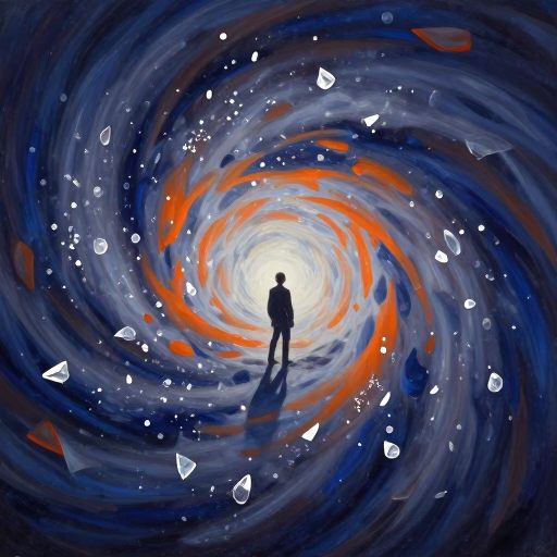 Figure at the edge of a swirling vortex symbolizing rapid change.