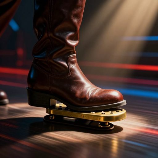 A foot depressing a mechanical pedal against a backdrop of intense motion.