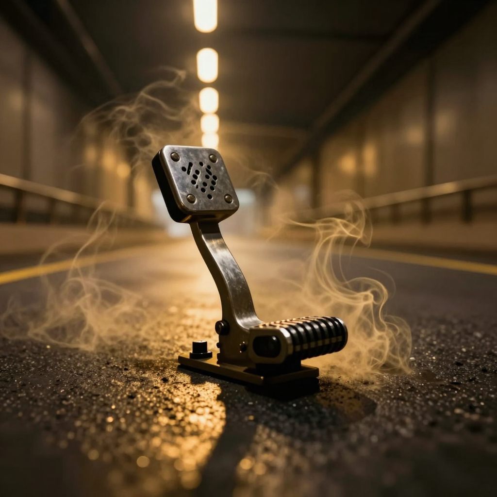 Surreal close-up of a vintage accelerator pedal engulfed in swirling light, symbolizing commitment and momentum.