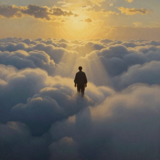 A lone figure ascends through swirling clouds toward a brilliant dawn.