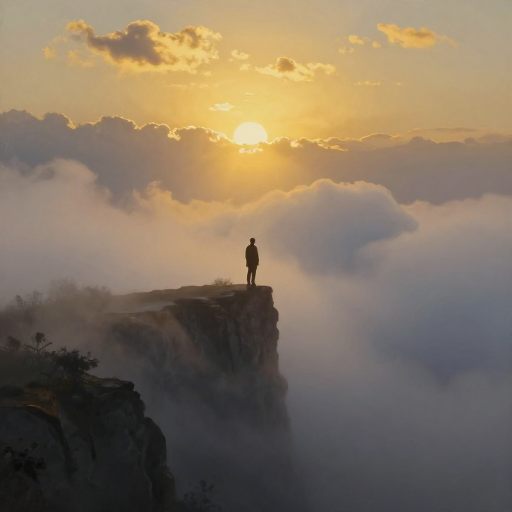 Figure ascending through mist toward brilliant light.